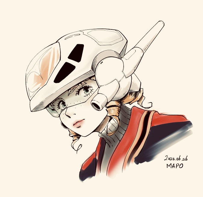 2024, battroid, blonde_hair, blue_eyes, commentary_request, dated, freckles, headgear