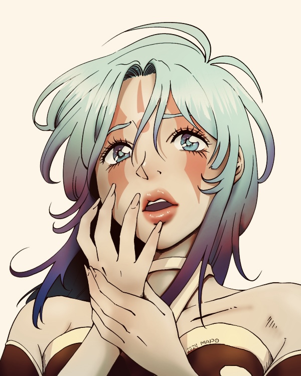 1girl, alien, blue_eyes, blue_hair, commentary_request, facial_tattoo, gradient_hair, holding_hands, ishtar_(macross), korean_commentary, lips, looking_at_viewer, macross, macross_2, mardook, multicolored_hair, portrait, scared, science_fiction, signature, tattoo, upper_body, user_xtzh5525