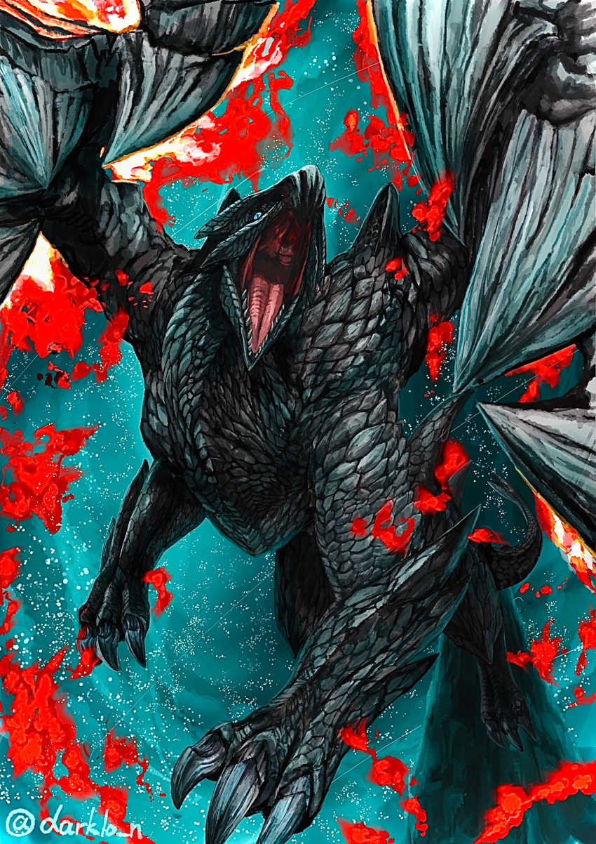 animal_focus, blue_eyes, claws, darklo, dragon, flying, highres, horns, monster, monster_hunter_(series), no_humans, scales, sharp_teeth, sky, slit_pupils, tail, teeth, valstrax, western_dragon