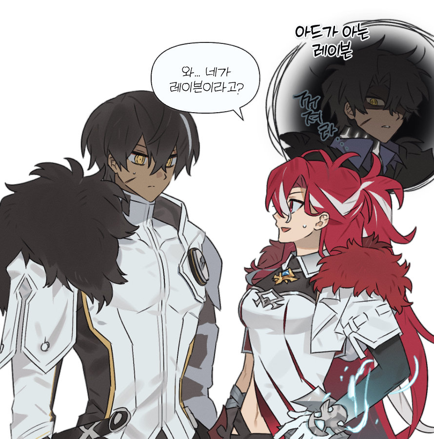1boy, 1girl, 4259_xxx, adrestia_(elsword), black_fur, black_hair, coat, elesis_(elsword)