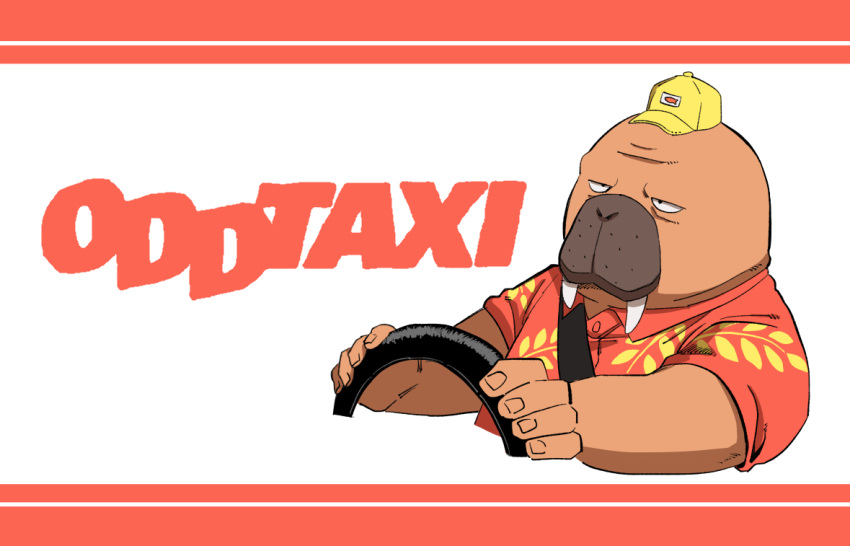 1boy, baseball_cap, copyright_name, fangs, furry, furry_male, hat, hawaiian_shirt