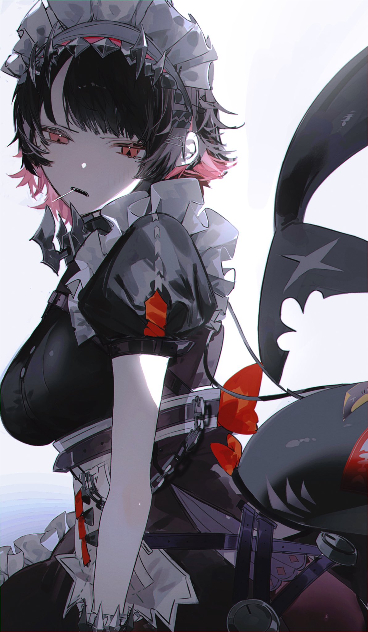 1girl, apron, black_dress, black_hair, chain, colored_inner_hair, commentary, cowboy_shot