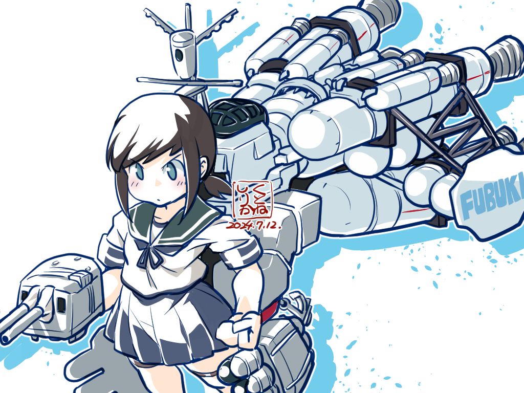 1girl, adapted_turret, armored_core, armored_core:_for_answer, artist_logo, black_hair, blue_neckerchief, blue_skirt