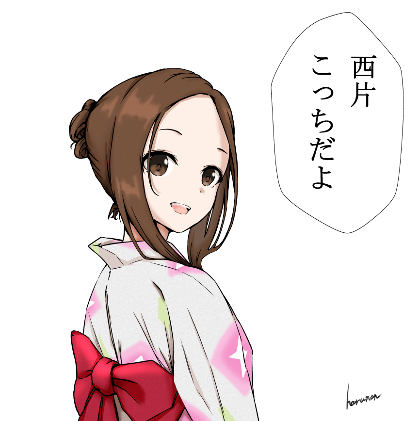 1girl, brown_eyes, brown_hair, hanaharupapa, japanese_clothes, karakai_jouzu_no_takagi-san, kimono, multicolored_clothes