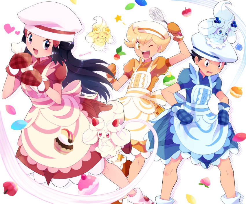 1girl, 2boys, :d, alcremie, alcremie_(berry_sweet), alcremie_(lemon_cream), alcremie_(mint_cream), alcremie_(star_sweet)