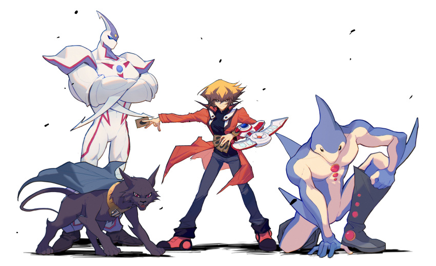 2boys, 4boys, absurdres, black_footwear, black_fur, black_shirt, blue_cape, blue_skin