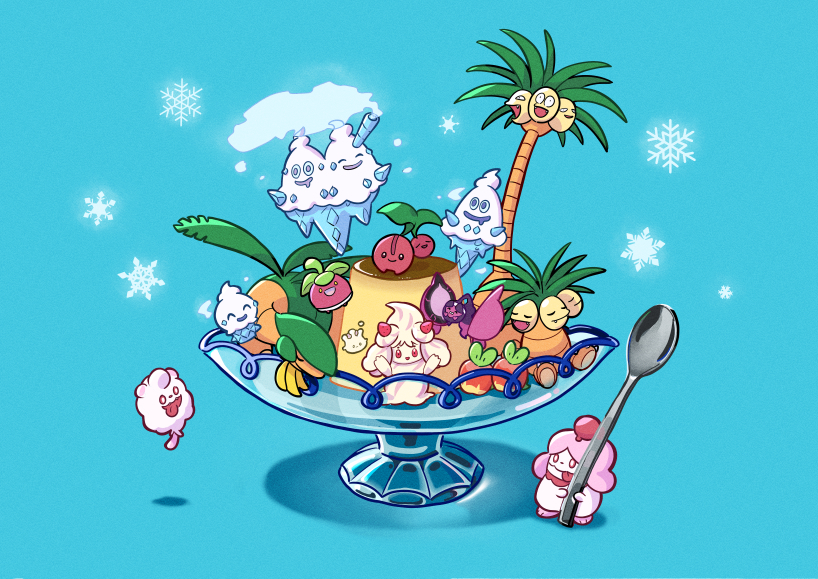 :d, alcremie, alolan_exeggutor, applin, aqua_background, bounsweet, cherubi, commentary