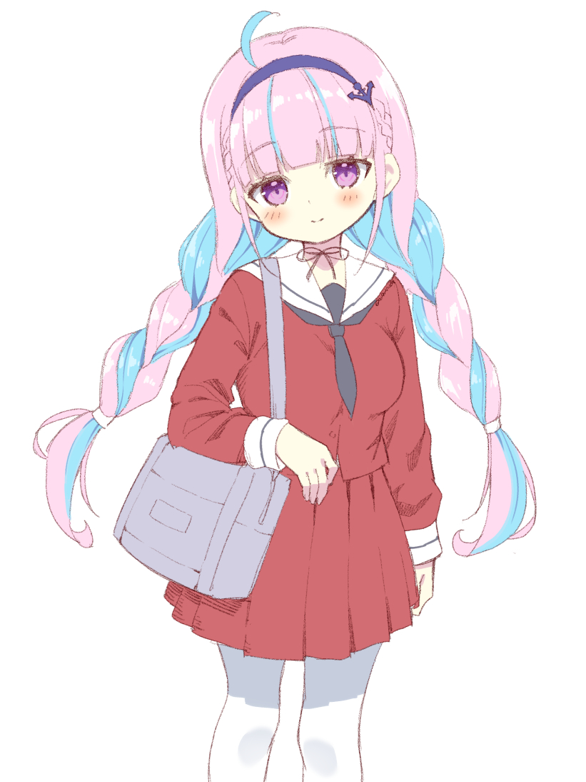 1girl, ahoge, alternate_costume, bag, black_necktie, blue_hair, blue_hairband, blush