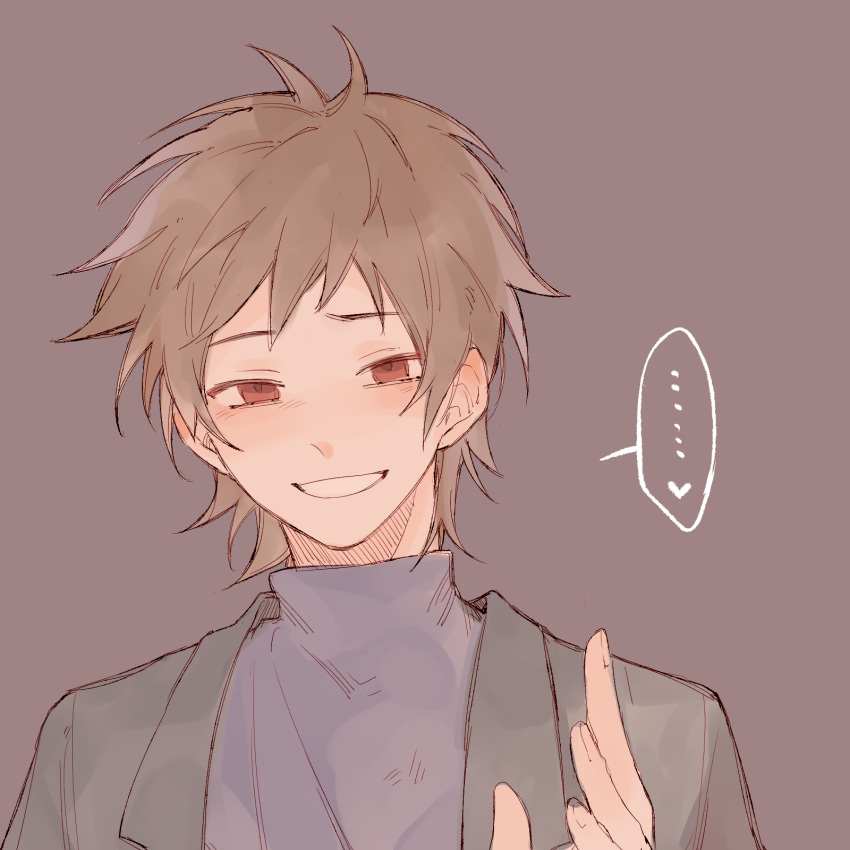 ..., 1boy, black_jacket, brown_background, brown_hair, commentary_request, grin, hand_up