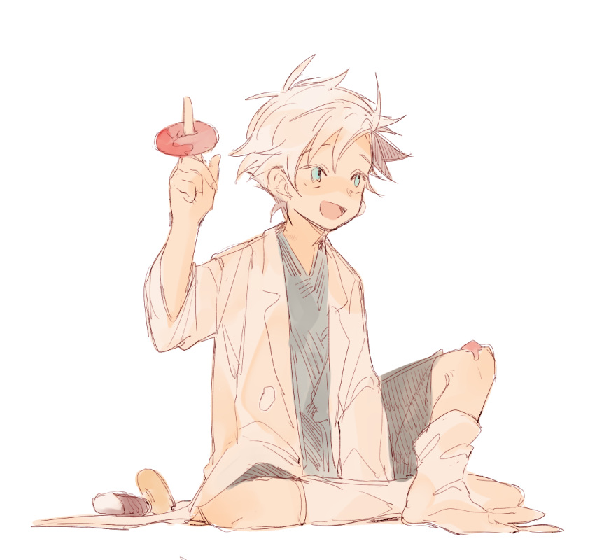 1boy, aged_down, aqua_eyes, brown_shorts, commentary_request, doughnut, food, green_shirt, jacket, kanou_aogu, male_focus, no_sclera, no_shoes, nomi_(nomi0926), open_clothes, open_jacket, open_mouth, saibou_shinkyoku, shirt, short_hair, shorts, simple_background, sitting, smile, socks, solo, v-neck, white_background, white_hair, white_jacket, white_socks