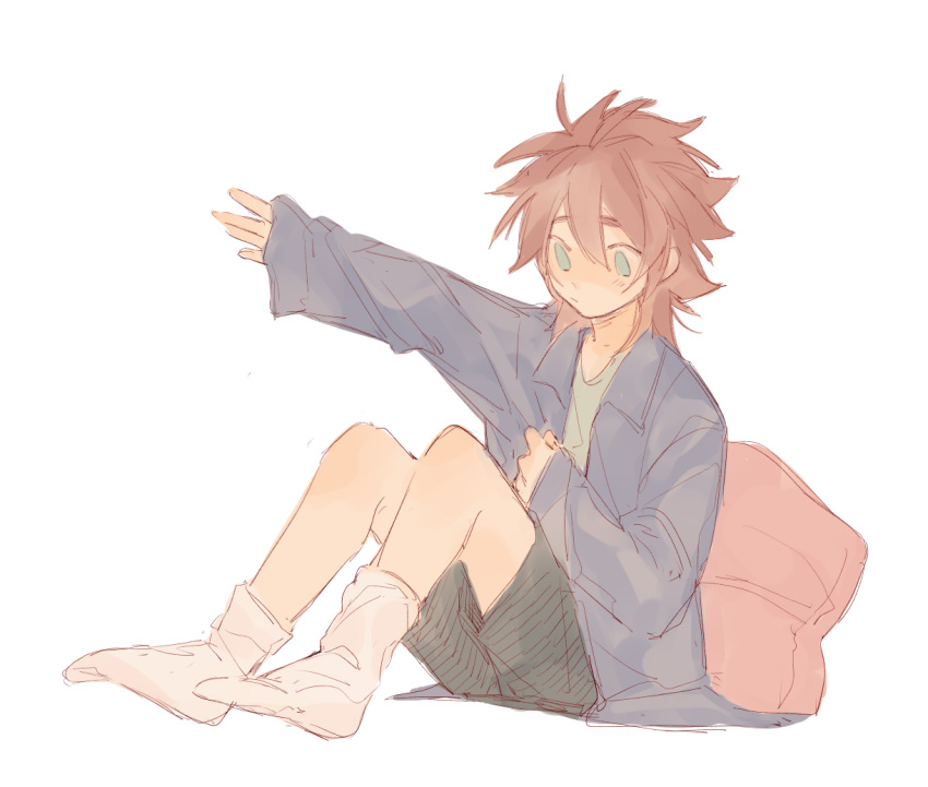 1boy, black_shorts, blue_eyes, brown_hair, closed_mouth, commentary_request, green_shirt, isoi_reiji, jacket, male_focus, medium_hair, no_sclera, no_shoes, nomi_(nomi0926), open_clothes, open_jacket, saibou_shinkyoku, shirt, shorts, simple_background, sitting, sleeves_past_fingers, sleeves_past_wrists, socks, solo, white_background, white_socks