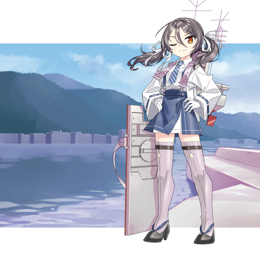 1girl, black_hair, blue_dress, brown_eyes, collared_shirt, diagonal-striped_clothes, diagonal-striped_necktie, dress, full_body, gloves, grey_thighhighs, hair_between_eyes, hair_ornament, hair_ribbon, hairclip, highres, inagi_(kancolle), inagi_kai_ni_(kancolle), kantai_collection, kazh_(kazu), long_hair, loose_hair_strand, necktie, one_eye_closed, ribbon, rigging, shirt, smile, solo, standing, striped_clothes, thigh-highs, twintails, white_gloves, white_ribbon, white_shirt