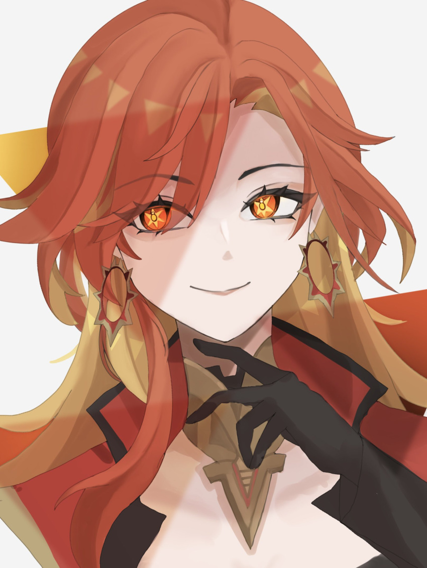 1girl, black_gloves, earrings, fune_saan, genshin_impact, gloves, highres, jewelry, long_hair, looking_to_the_side, mavuika_(genshin_impact), multicolored_hair, orange_eyes, orange_hair, orange_pupils, redhead, simple_background, smile, two-tone_eyes, two-tone_hair, upper_body, white_background