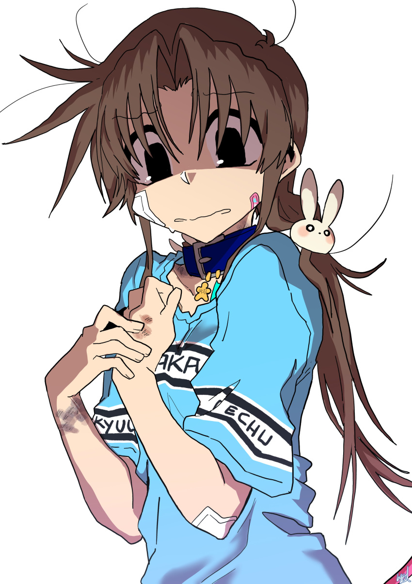 1girl, absurdres, bandaid, bandaid_on_cheek, bandaid_on_face, black_eyes, blue_collar, blue_shirt