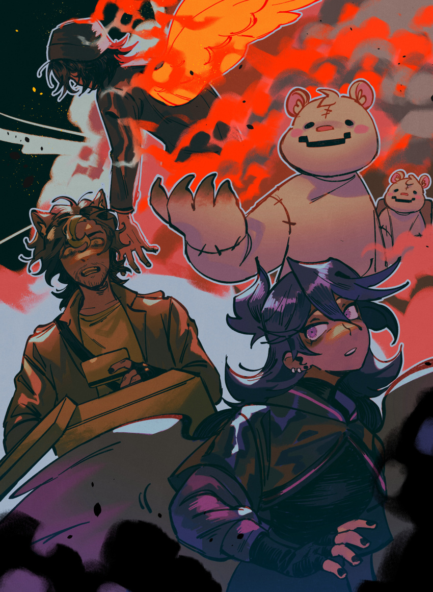 1girl, 2boys, 2others, absurdres, animal_ears, beanie, bear_ears, bird_girl