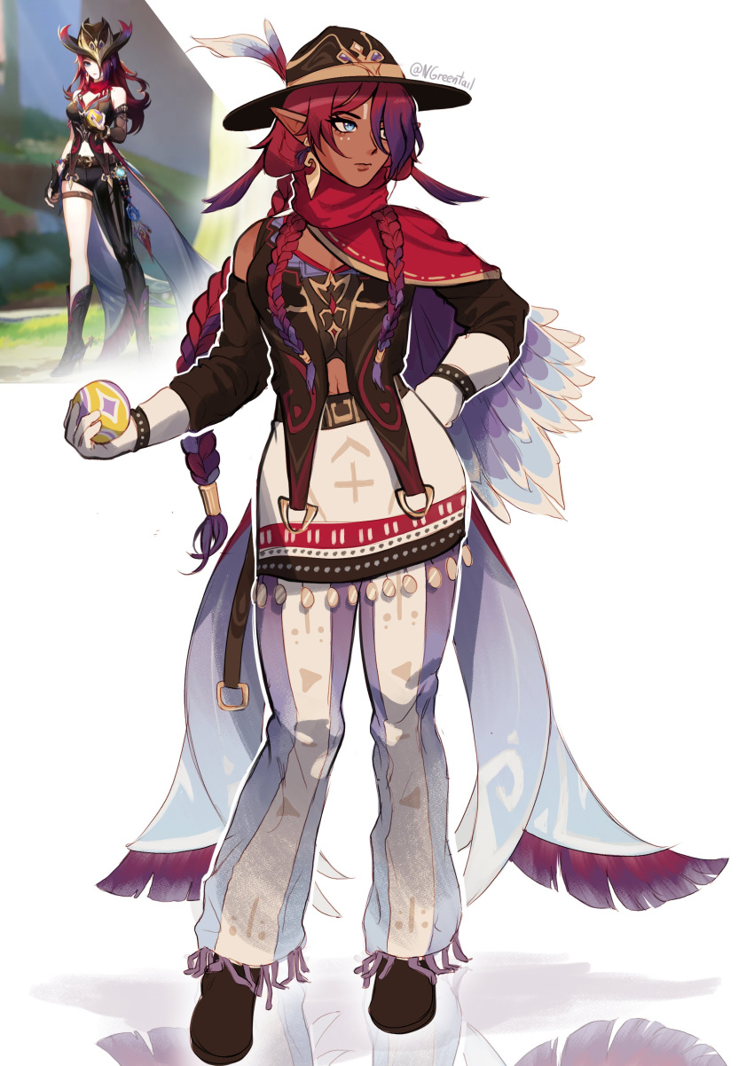 1girl, absurdres, alternate_costume, alternate_skin_color, ball, blue_pants, boots, braid