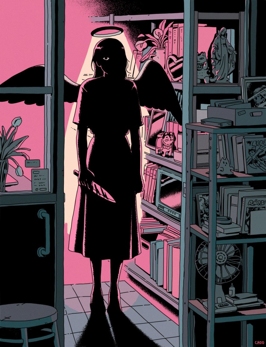 1girl, angel, angel_wings, calla_lily, choo, doorway, electric_fan, eyed_silhouette