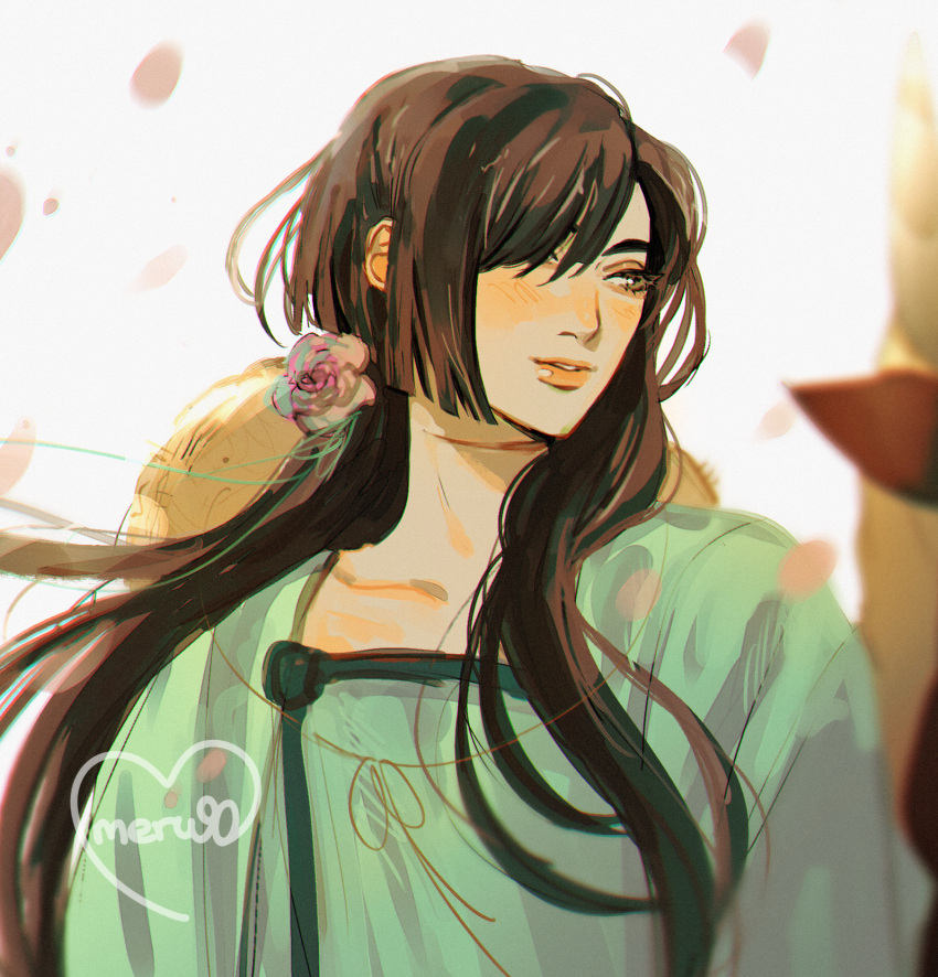 1girl, asymmetrical_hair, blurry, blurry_background, bob_cut, brown_eyes, brown_hair, collarbone, depth_of_field, dress, falling_petals, flower, green_dress, hair_flower, hair_ornament, hair_over_one_eye, hat, hat_on_back, highres, long_hair, long_sleeves, looking_to_the_side, meru90, outdoors, parted_lips, petals, pink_flower, portrait, sketch, smile, solo, tianguan_cifu, unworn_hat, unworn_headwear, white_background, yushi_huang