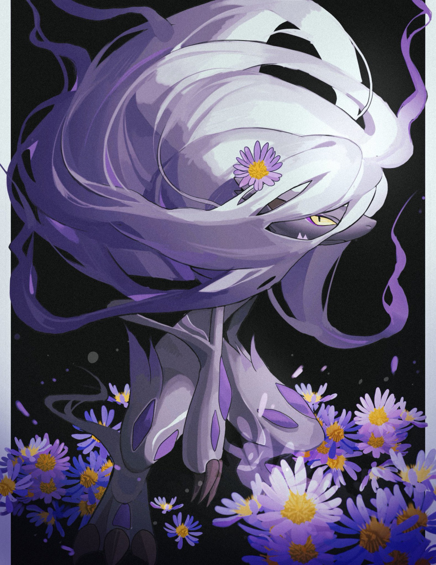 alternate_color, black_background, body_fur, daisy, flower, full_body, highres, hisuian_zoroark