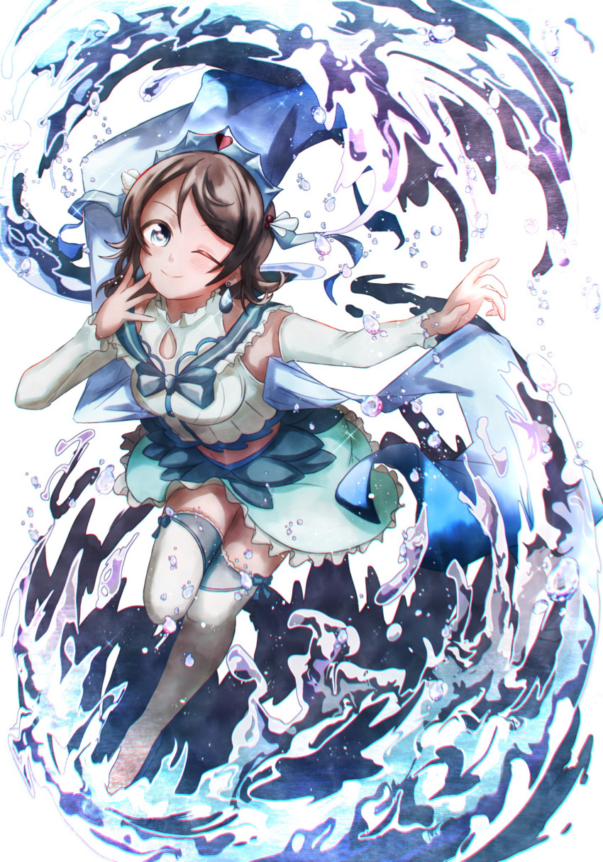 1girl, blue_eyes, brown_hair, bubble, crop_top, earrings, frills, high_heels