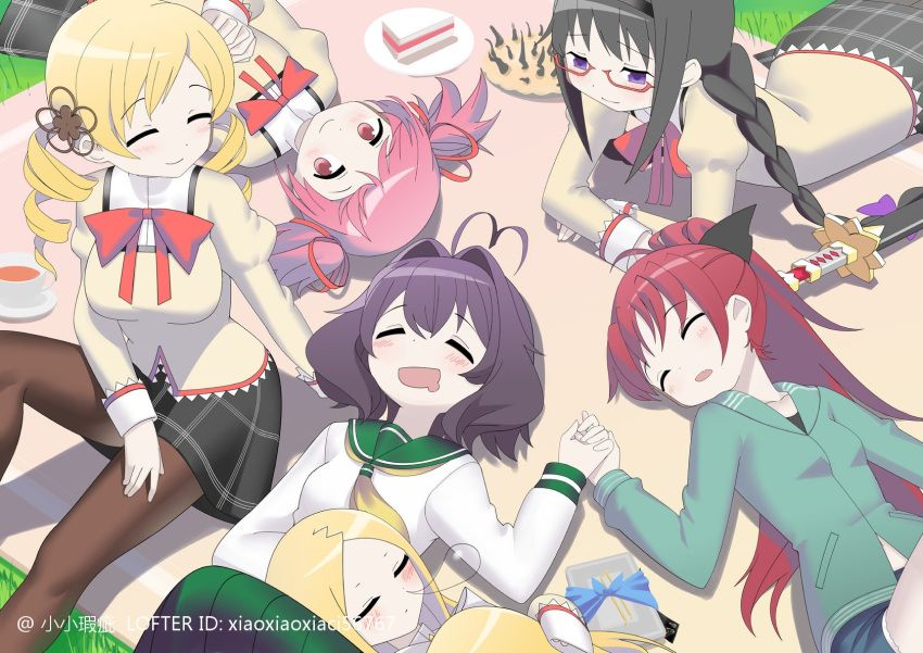 6+girls, ahoge, akemi_homura, artist_name, black_hair, blonde_hair, braid, cake