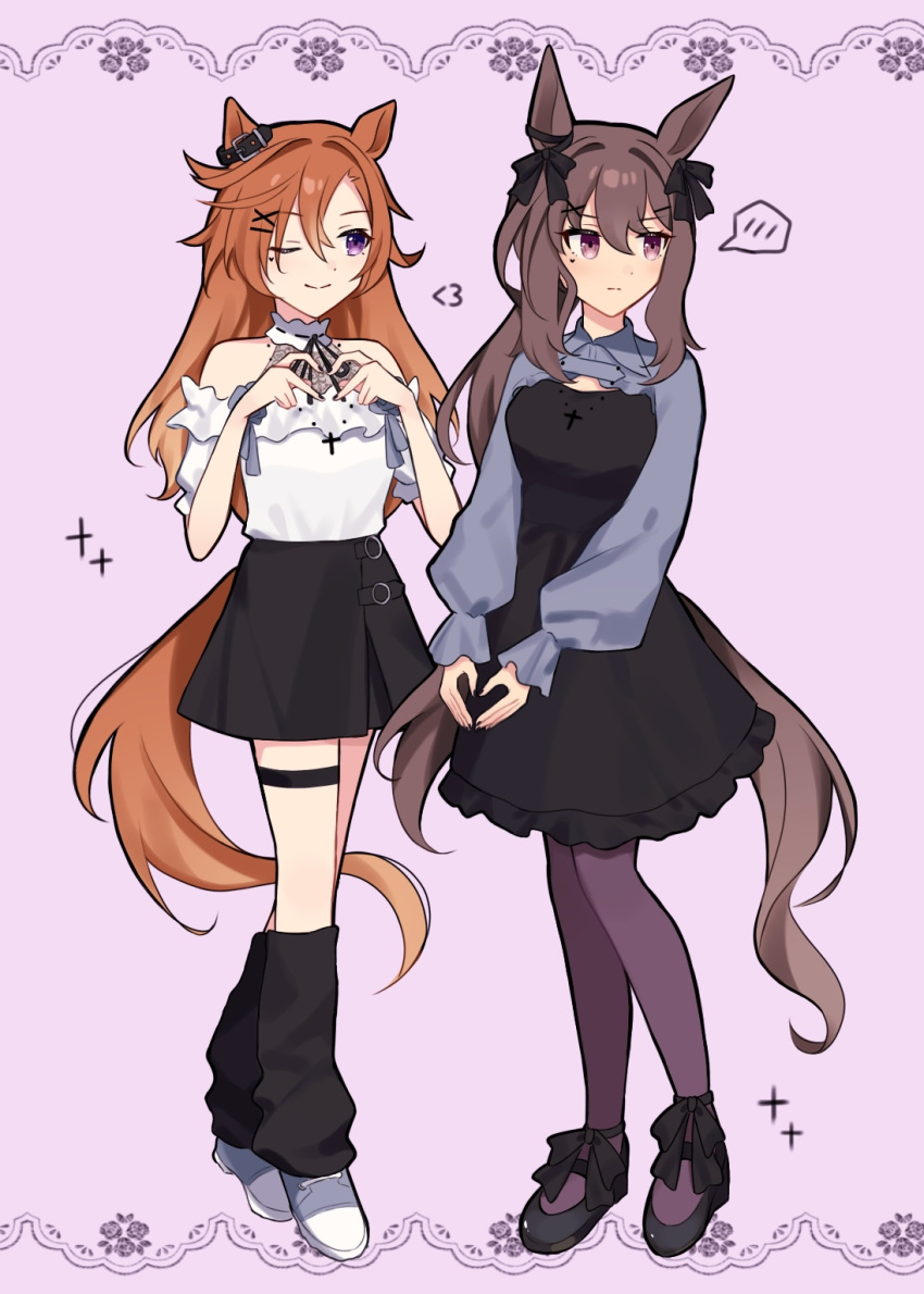 2girls, 4-fingers_heart_hands, admire_vega_(umamusume), alternate_hair_length, alternate_hairstyle, animal_ears, bare_shoulders, black_dress