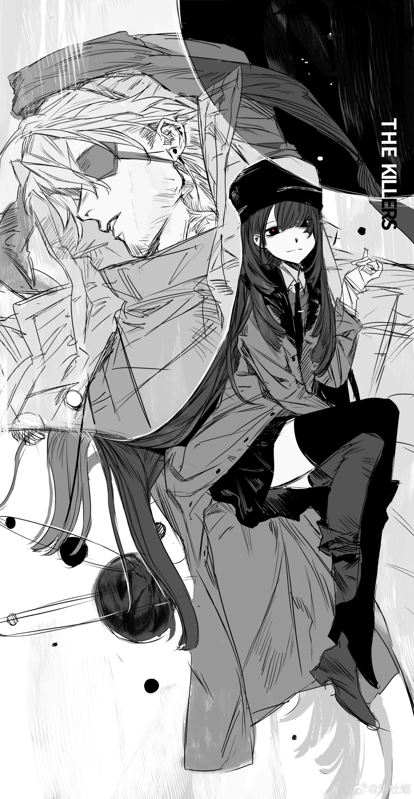 1boy, 1girl, absurdres, atom, beard_stubble, between_fingers, boots, bright_pupils