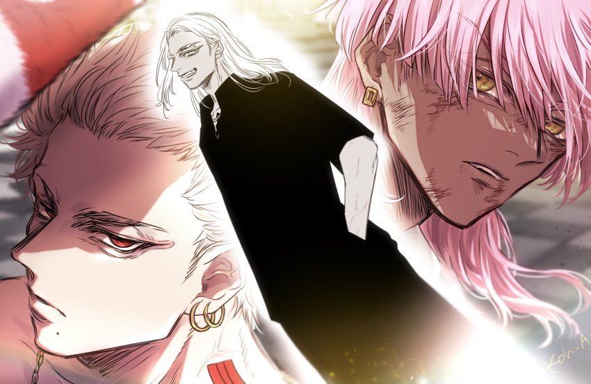 3boys, astro_royale, black_pants, black_shirt, botan_(astro_royale), dark-skinned_male, dark_skin, earrings, grin, highres, jewelry, koh_(koh_a), long_hair, male_focus, mole, mole_under_mouth, multiple_boys, pants, pink_hair, red_eyes, shirt, smile, white_hair, yellow_eyes, yotsurugi_kou, yotsurugi_kuran