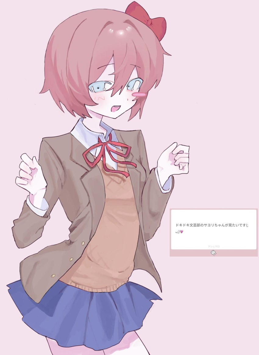 1girl, blazer, blue_eyes, blush, blush_stickers, bow, cowboy_shot, doki_doki_literature_club