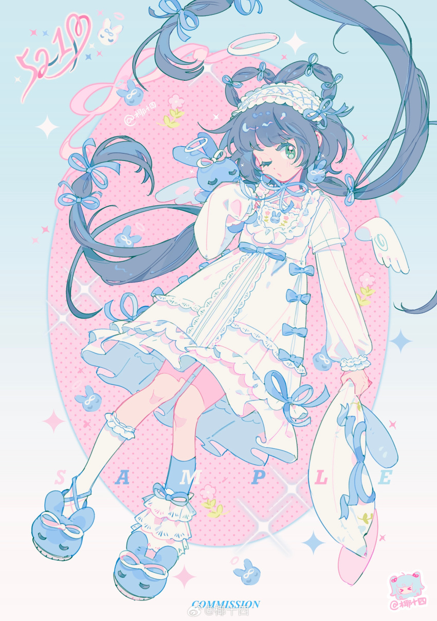 1girl, absurdres, angel_wings, animal_slippers, artist_name, asymmetrical_legwear, black_hair, blue_background