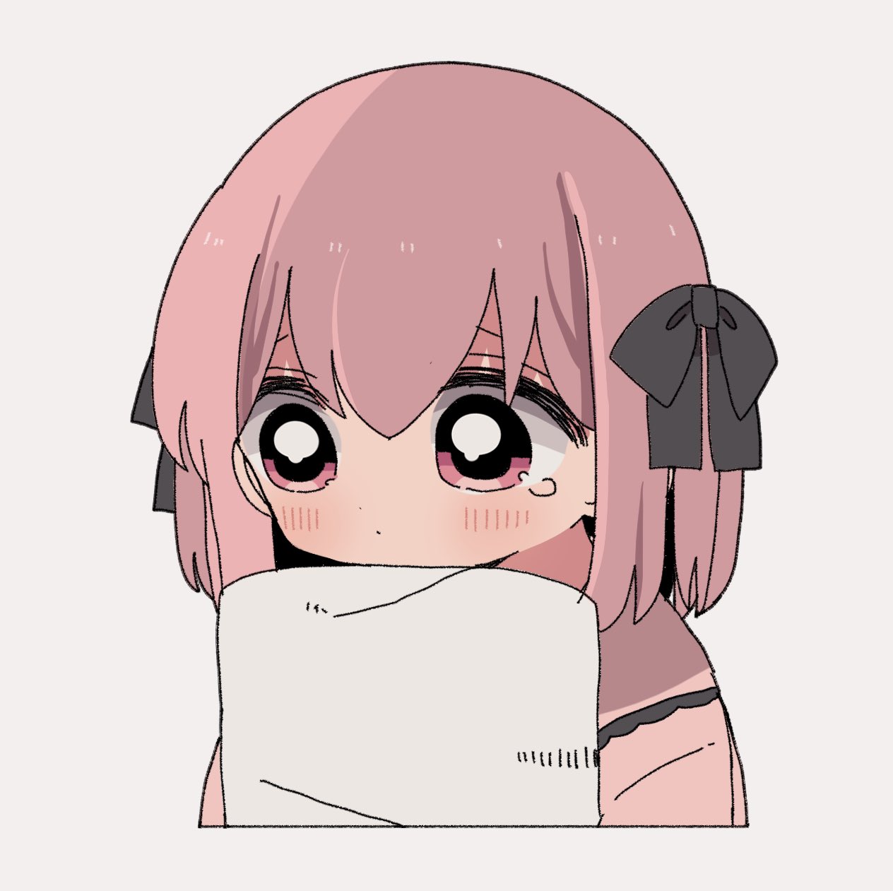 1girl, bad_id, bad_twitter_id, black_ribbon, blush, closed_mouth, cropped_torso, grey_background