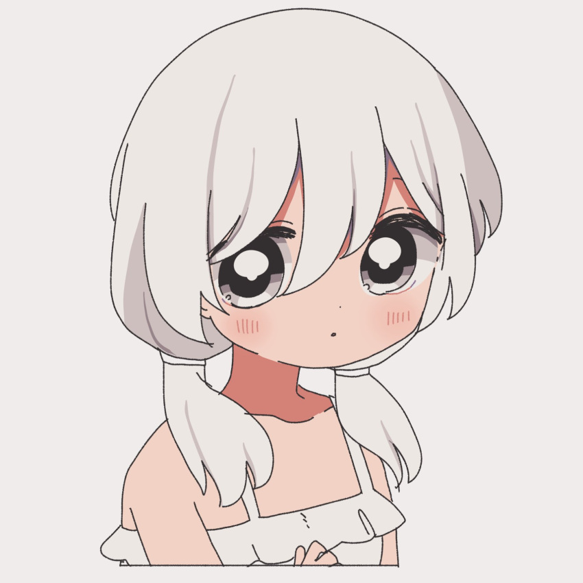 1girl, bad_id, bad_twitter_id, bare_shoulders, cropped_torso, grey_background, grey_eyes, hair_between_eyes