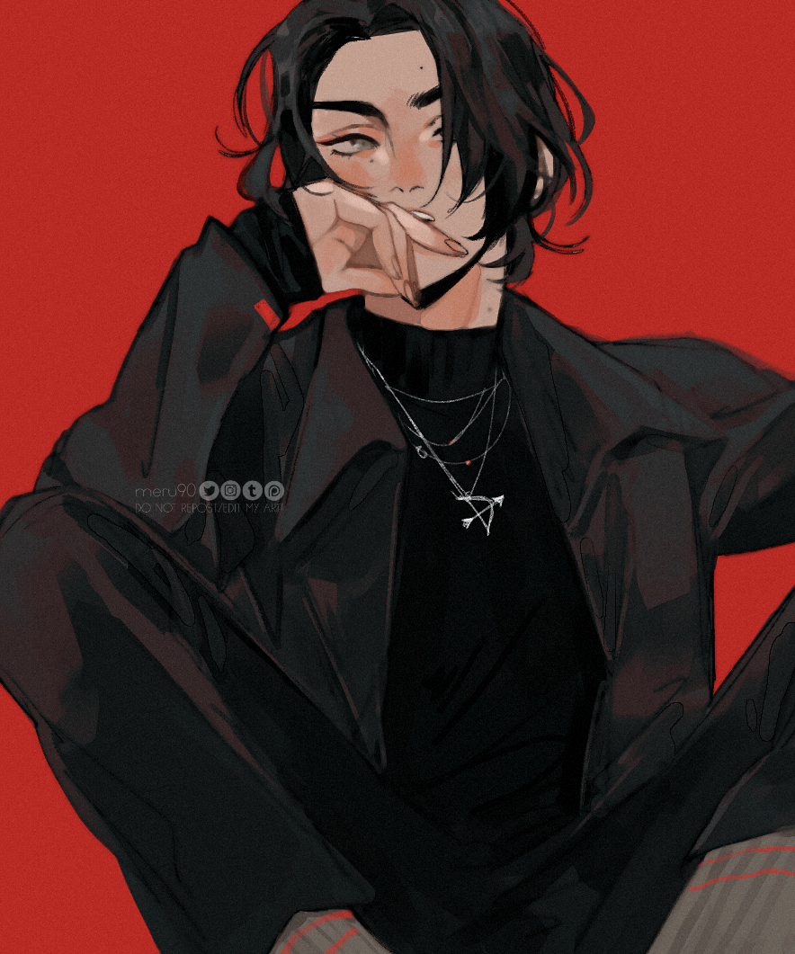 1boy, alternate_costume, black_hair, black_jacket, black_pants, black_shirt, covering_own_mouth, grey_eyes