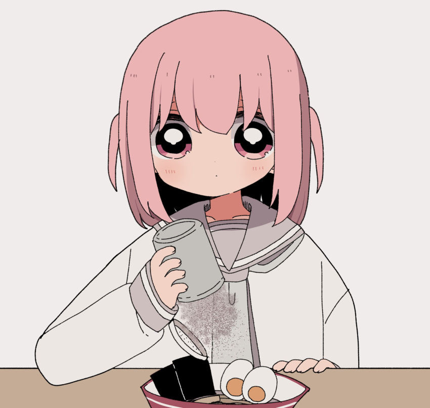 1girl, bad_id, bad_twitter_id, bowl, closed_mouth, egg_(food), failure, food