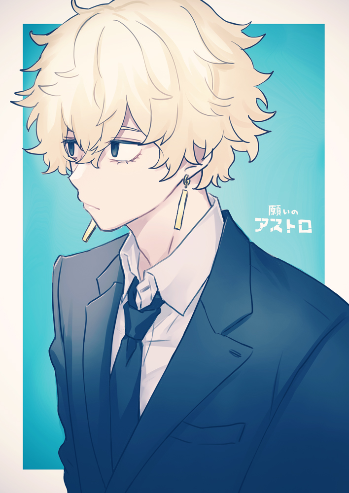 1boy, astro_royale, black_eyes, black_necktie, black_suit, blonde_hair, blue_background, copyright_name