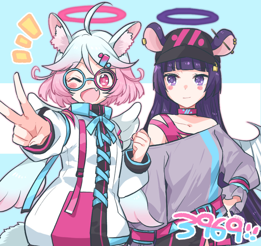 2girls, ;d, ahoge, angel_wings, animal_ear_piercing, animal_ears, baseball_cap, belt