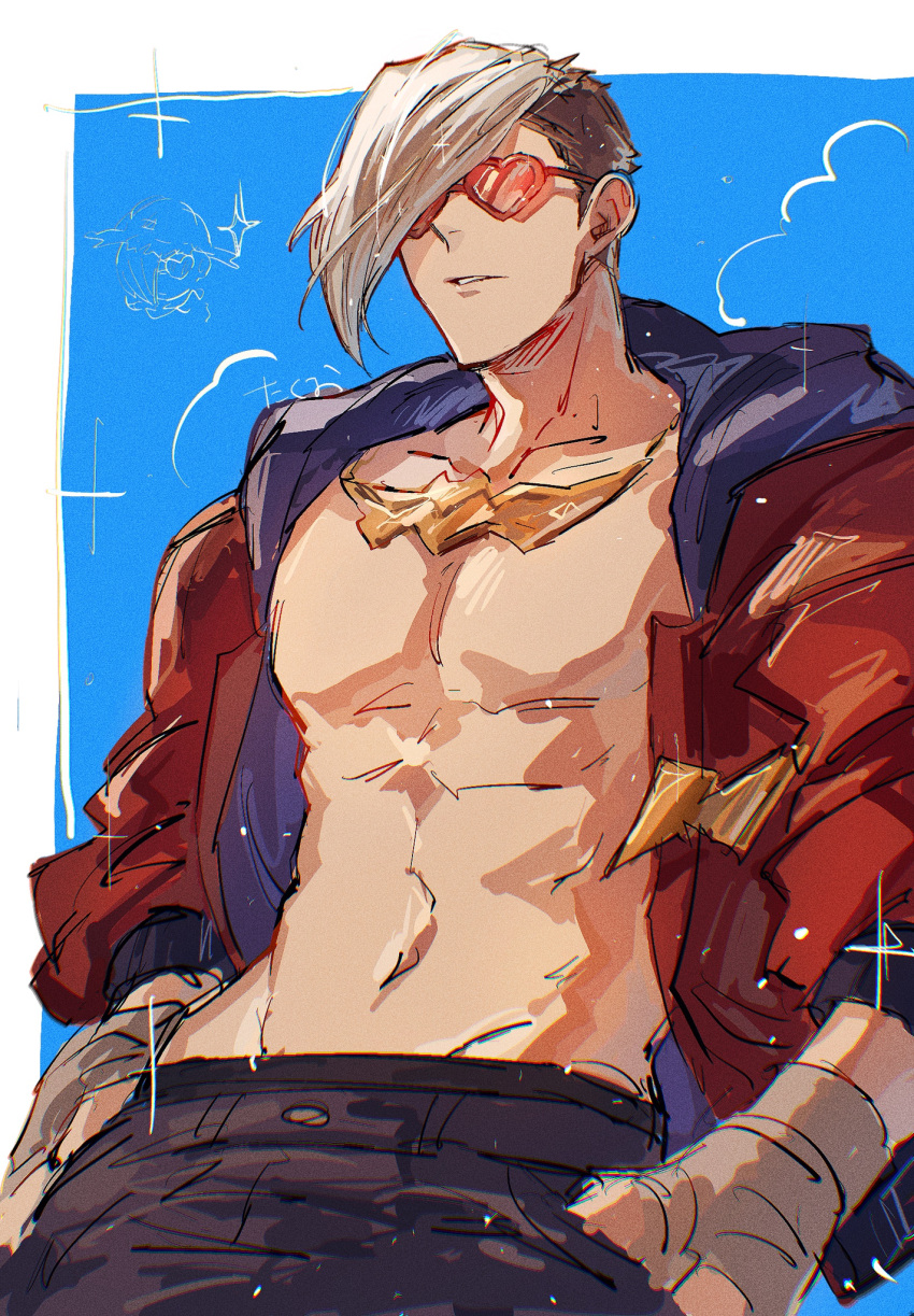 1boy, abs, asymmetrical_hair, blonde_hair, border, collarbone, commentary, cowboy_shot