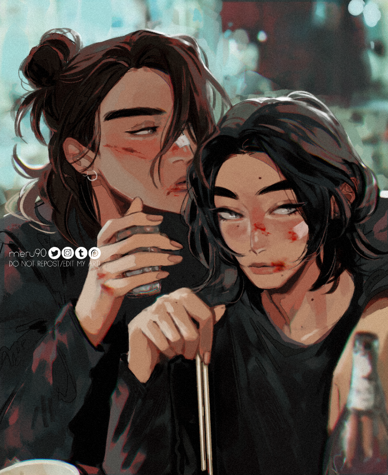 2boys, alternate_costume, arm_on_another's_shoulder, artist_name, bandaid, bandaid_on_cheek, bandaid_on_face, bandaid_on_nose