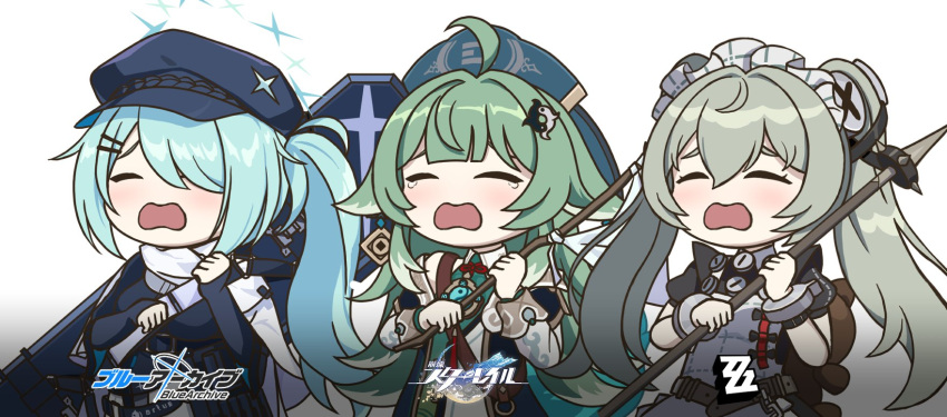 3girls, animal_ears, aqua_hair, blue_archive, blue_hair, blush, chibi, chinese_clothes