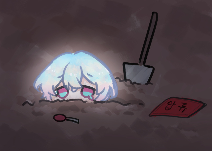 1girl, blonde_hair, blue_eyes, blue_hair, buried, chibi, commentary_request, dirt