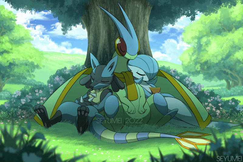 against_tree, alternate_color, animated, animated_gif, artist_name, blue_fur, blue_hair, blue_skin