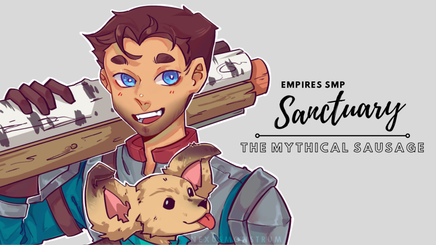 1boy, animal, armor, beard, blue_eyes, brown_hair, bubbles_(empires_smp), character_name