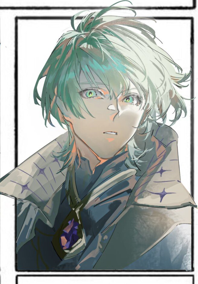 1boy, alternate_costume, byleth_(fire_emblem), byleth_(male)_(fire_emblem), cape, enlightened_byleth_(male), fire_emblem, fire_emblem:_three_houses, green_eyes, green_hair, hair_between_eyes, high_collar, living201882687, looking_to_the_side, male_focus, official_alternate_costume, parted_lips, solo, translation_request, upper_body, white_background