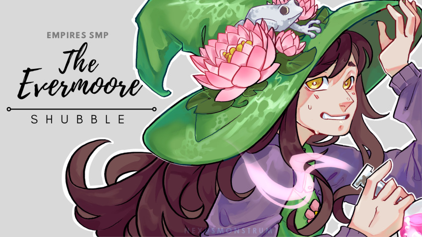 1girl, brown_hair, character_name, copyright_name, empires_smp, english_text, flower, frog