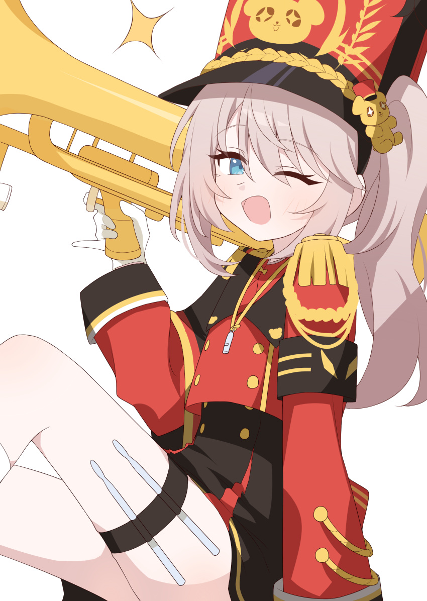 1girl, absurdres, black_survival, blue_eyes, brown_hair, eternal_return:_black_survival, hagoonha, highres, holding, holding_instrument, holding_trumpet, instrument, leni_(black_survival), looking_at_viewer, side_ponytail, simple_background, solo, thighs, trumpet, white_background