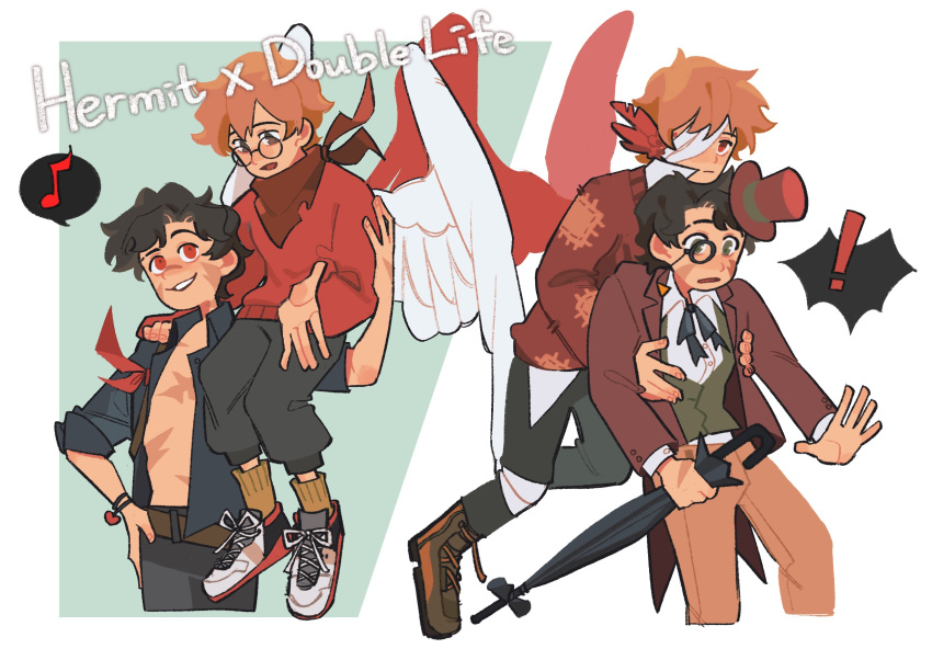 !, 4boys, adapted_costume, bandage_over_one_eye, bird_boy, bird_wings, boots, bourbonciely, brown_eyes, brown_hair, chinese_commentary, coat, commentary_request, copyright_name, double_life_smp, dual_persona, english_text, formal, goodtimeswithscar, grian_(youtuber), hat, head_wings, heart, hermitcraft, highres, holding, holding_umbrella, in-franchise_crossover, life_heart_(traffic_life), male_focus, minecraft_youtube, monocle, multiple_boys, musical_note, neckerchief, official_alternate_costume, on_shoulder, open_clothes, open_shirt, red_eyes, red_wings, scar, shoes, short_hair, sitting, sitting_on_person, sitting_on_shoulder, sneakers, speech_bubble, spoken_musical_note, surprised, top_hat, traffic_life_series, umbrella, white_wings, wings