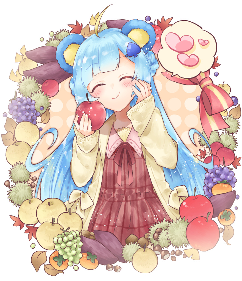 1girl, :t, ^_^, ahoge, animal_ears, apple, bear_ears, blue_hair