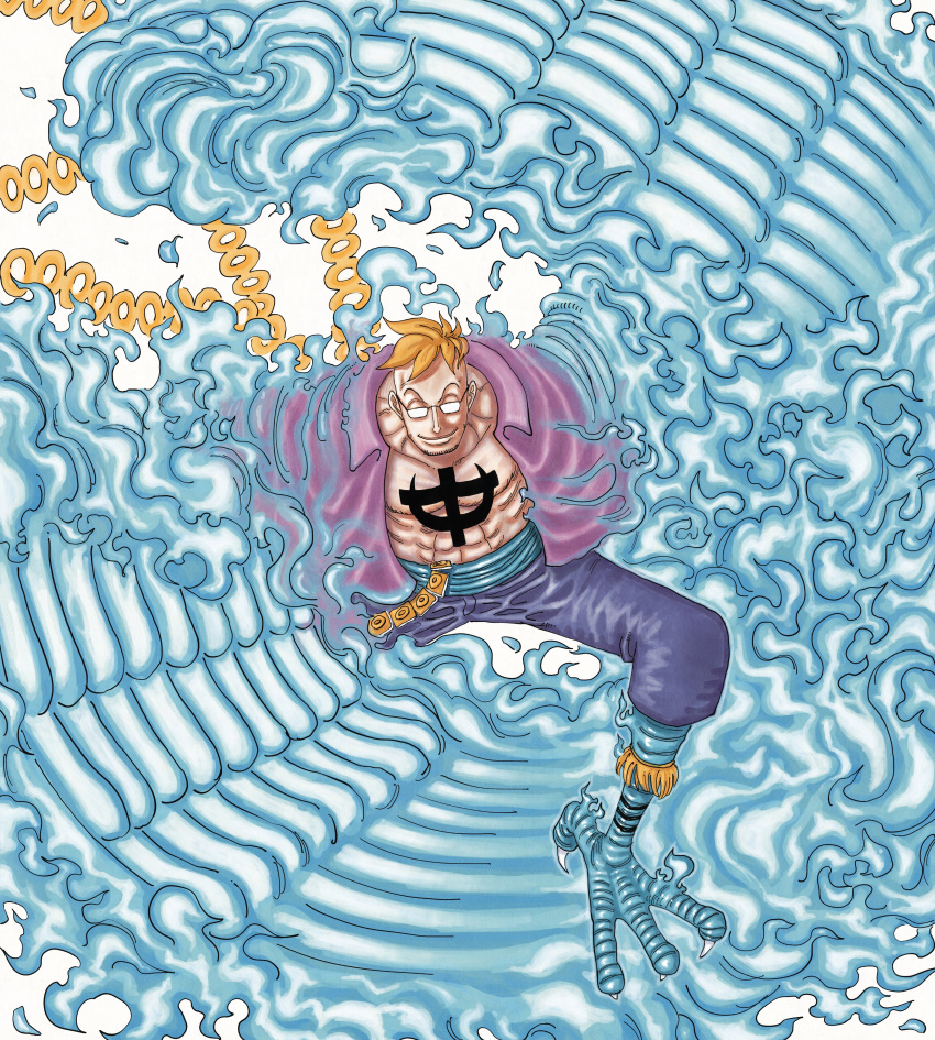 1boy, absurdres, beard_stubble, bird_boy, bird_legs, blonde_hair, blue_fire, blue_sash