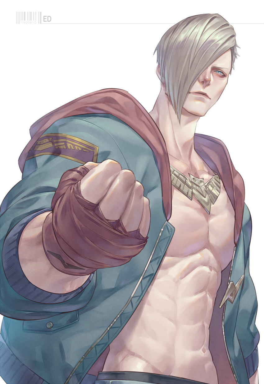 1boy, abs, asymmetrical_hair, blonde_hair, blue_eyes, blue_hoodie, character_name, clenched_hand