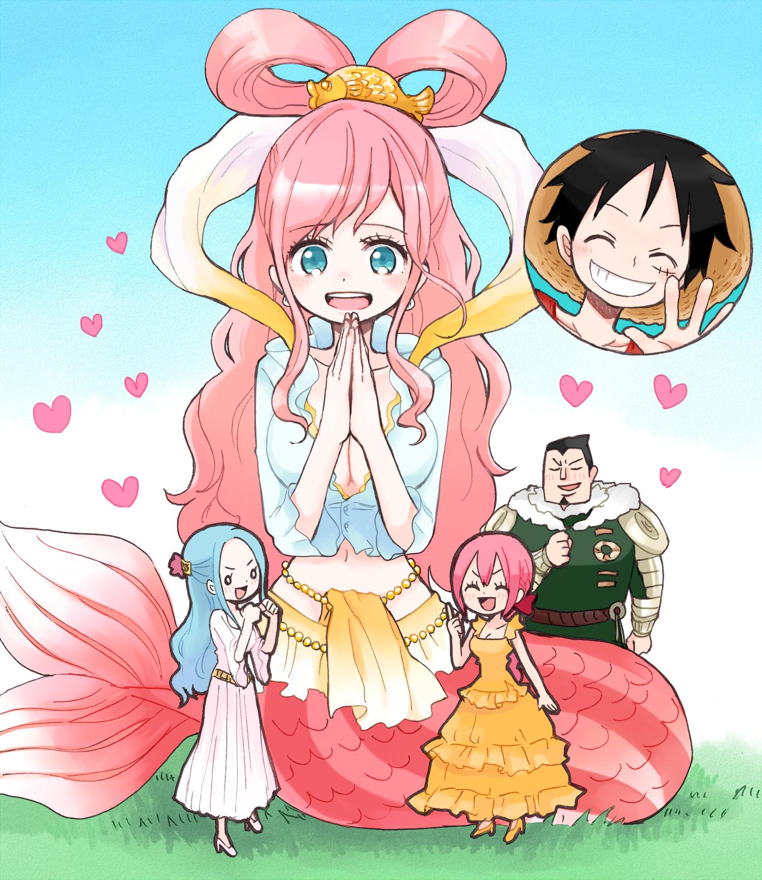 2boys, 3girls, ^_^, armor, black_hair, blue_eyes, blue_hair, blue_shirt, closed_eyes, commentary_request, dalton_(one_piece), dress, facial_hair, goatee, hagoromo, half_updo, hat, heart, highres, light_blue_hair, mermaid, monkey_d._luffy, monster_girl, multiple_boys, multiple_girls, nefertari_vivi, one_piece, orange_dress, pink_hair, ponytail, rebecca_(one_piece), scar, scar_on_face, shawl, shirahoshi, shirt, shoulder_armor, sidelocks, sky, smile, straw_hat, sumomo_(momoringo56)